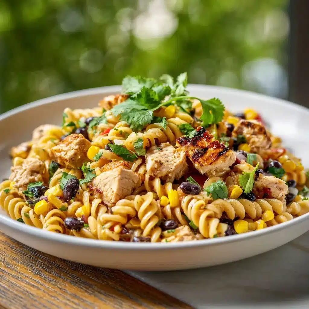 Delicious BBQ Chicken Pasta Salad Recipe to Savor 3 BBQ chicken pasta salad with colorful vegetables and herbs in a bowl