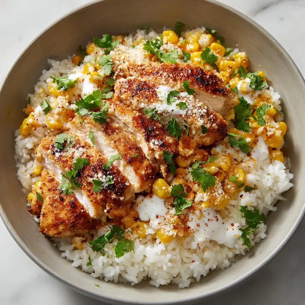 Delicious street corn chicken and rice bowls topped with fresh ingredients