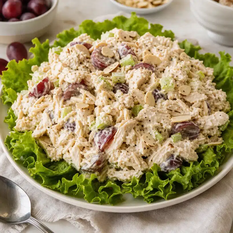 Delicious bowl of best-ever chicken salad with fresh ingredients.