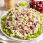 Delicious chicken salad with grapes served in a bowl with fresh ingredients