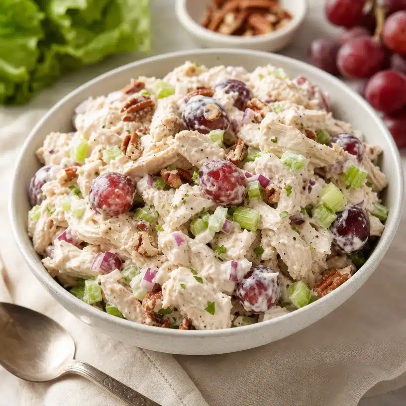 Chicken salad with grapes and pecans in a bowl.
