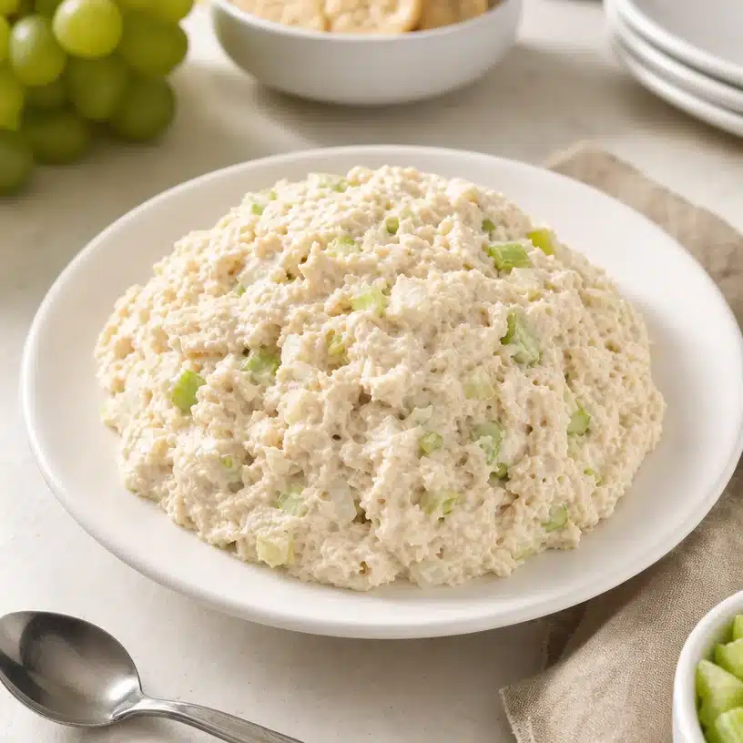 Bowl of Classic Carol Chicken Salad garnished with herbs.
