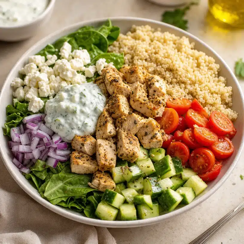 Delicious Greek Chicken bowls with fresh vegetables and flavorful toppings