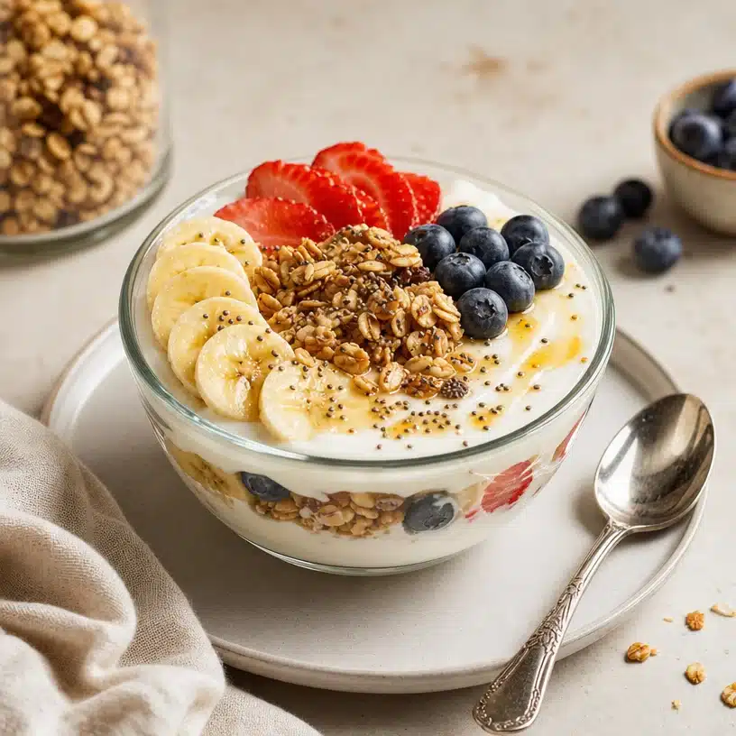Healthy yogurt bowl topped with fresh fruits and nuts