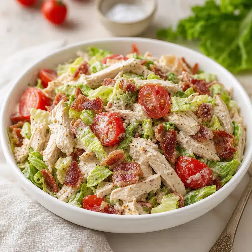 Savory BLT chicken salad with chicken, bacon, lettuce, and tomato in a bowl