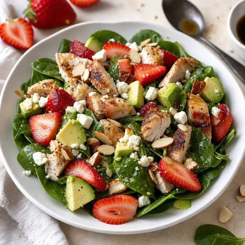 Strawberry Spinach Chicken Salad with fresh ingredients in a bowl